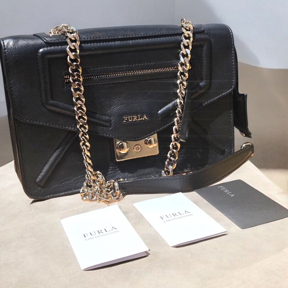 Furla Black Leather Chain Shoulder Bag With Lock
